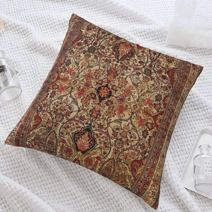 17th Century Turkish Lavar Kirman Southeast Persian Rug Pillow Covers Square Throw Pillowcase 18x18 Inch Couch Cushion Cover for Home Decor Living Room Bedroom College Dorm Bed Car Sofa