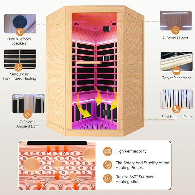 Sauna Room Far Infrared Saunas Home 1 to 3 Person Canadian Hemlock 2180W/110V Low-EMF Dry Spa Wood Sauna with Oxygen Bar/7 Color Therapy/9 Heating Plates/Control Panel/Speakers 47.2 * 47.2 * 74.8 In
