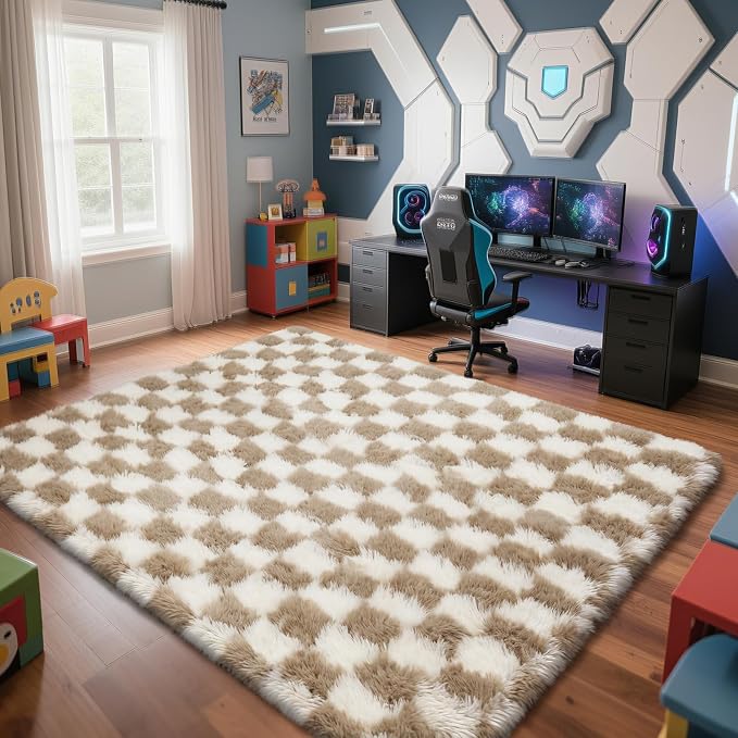 Checkered Rug for Living Room, 9x12 Beige and White Area Rugs, Classic Checkered Carpets Shag Area Rug, Bedside Rugs for Living Room Bedroom Room Home Decor