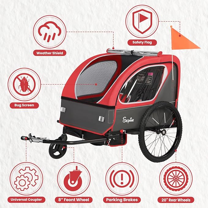 Sepnine Kids Bike Trailer, 2 in1 Canopy Carrier Converts to Pushcart Suitable for 1 to 2 Toddlers, Kids, Quick Attach to Bike, Foldable, with 5-Point Harness and Storage Bags