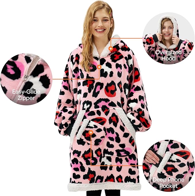 Giggling Getup Wearable Blanket Hoodie for Adults Gifts for Teen Girls Sister Women Sherpa Fleece Printed Hooded Blanket Sweatshirt Warm Cozy with Pocket & Sleeves Pink Leopard