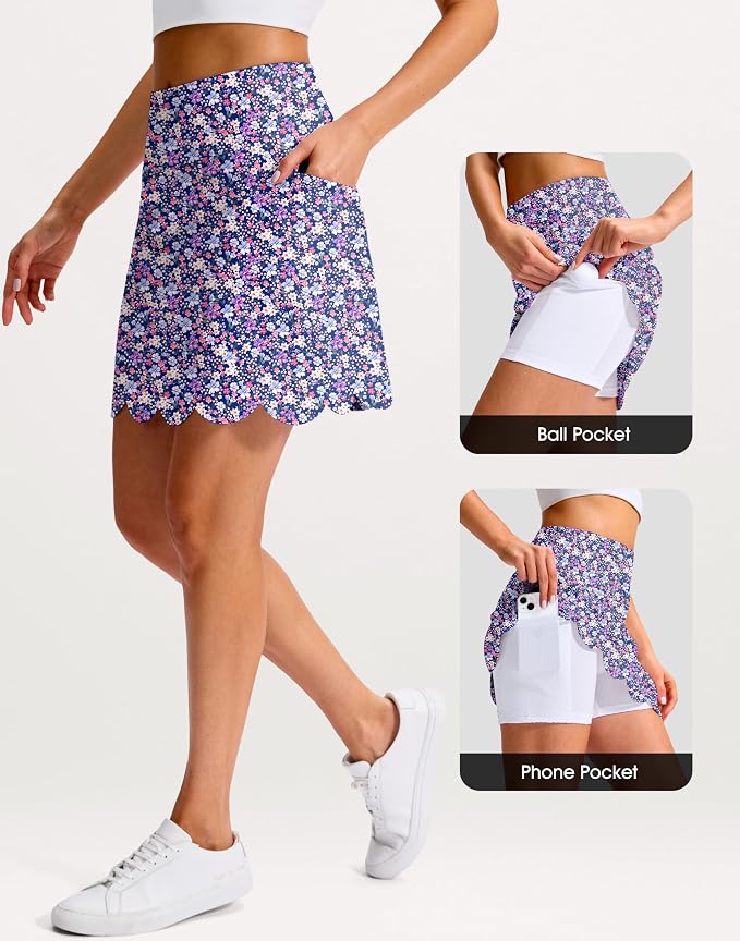 16" Skorts for Women with 4 Pockets High Waisted Scalloped Hem Athletic Tennis Skirt Golf Skort Dressy Casual