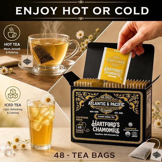 A&P Coffee Hartford’s Chamomile Tea Bags, 48 Count, Caffeine Free Herbal Tea, Soothing Bedtime Tea, Calming Relaxation Blend, Smooth Flavor, Hot or Iced Tea, Premium Herbal Infusion, Fresh Aroma
