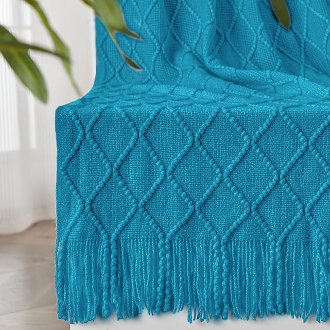 inhand Teal Knitted Throw Blanket for Couch and Bed, 50"x60" | Soft Living Room Home Decor Knitted Blanket, Tassel, Outdoor Lightweight Breathable Summer, Farmhouse Warm Woven Decorative