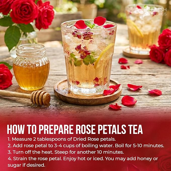 FreshDrinkUS, Premium 16oz Dried Rose Petals, 100% Natural & Pure, Herbal Tea, Daily Infusion Botanical, No Sugar, No Caffeine, No Gluten, Vegan. Rich in Antioxidants.