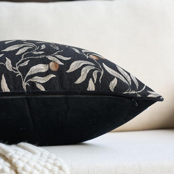 Alerfa Black Floral Throw Pillow Cover 18 x 18 Inch Sqaure Luxury Decorative Pillow Cover for Couch Living Room Bedroom