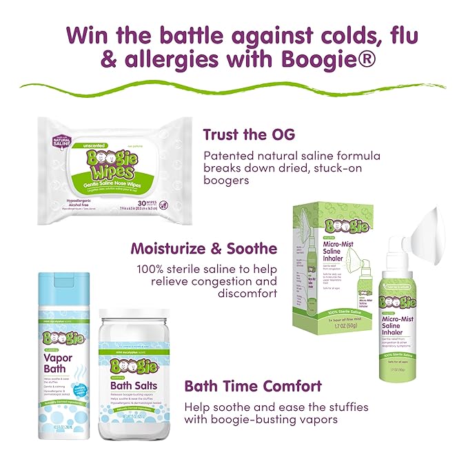 Boogie Wipes Saline Nose Wipes - 45 Count - Fresh Scent, Hypoallergenic & Alcohol-Free - Allergy Relief - Made with Natural Saline, Aloe, Chamomile & Vitamin E - Diaper Bag Essential