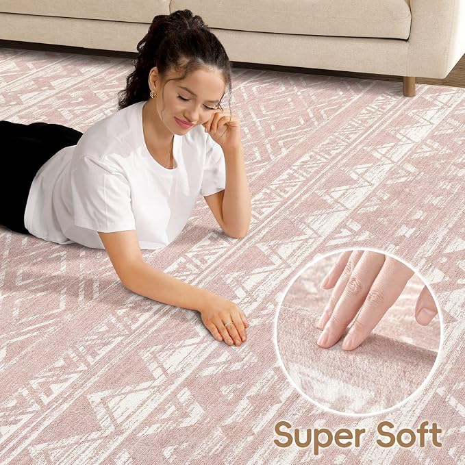 cotiled 5x8 Area Rugs Living Room Rug: Washable Boho Rugs with Non Slip Backing Large Soft Indoor Stain Resistant Carpet for Bedroom Farmhouse Dining Room Lightweight Home Decor Lotus Pink