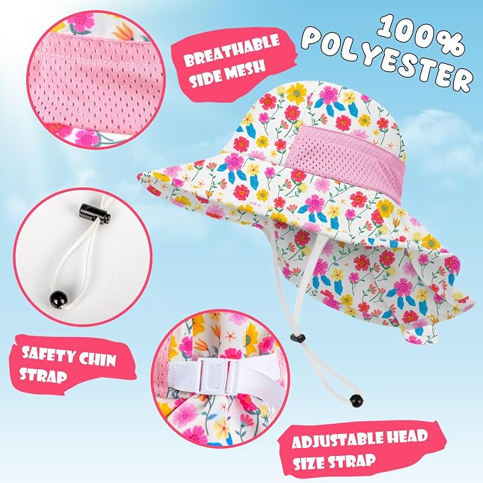 Toddler Baby Sun Hat Kids Summer Beach Essentials Adjustable Beach Hats with Bucket Wide Brim for Boys Girls Age 0-14 Years