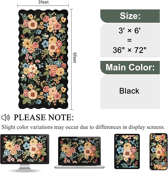 DUKINO 3x6 Runner Rug for Hallway, Washable Kitchen Rug Non Slip, Black | Low Pile, Stain Resistant, Soft Floral Throw Rugs for Entryway, Bedroom, Bathroom, Laundry, Pet Friendly, Modern Home Decor