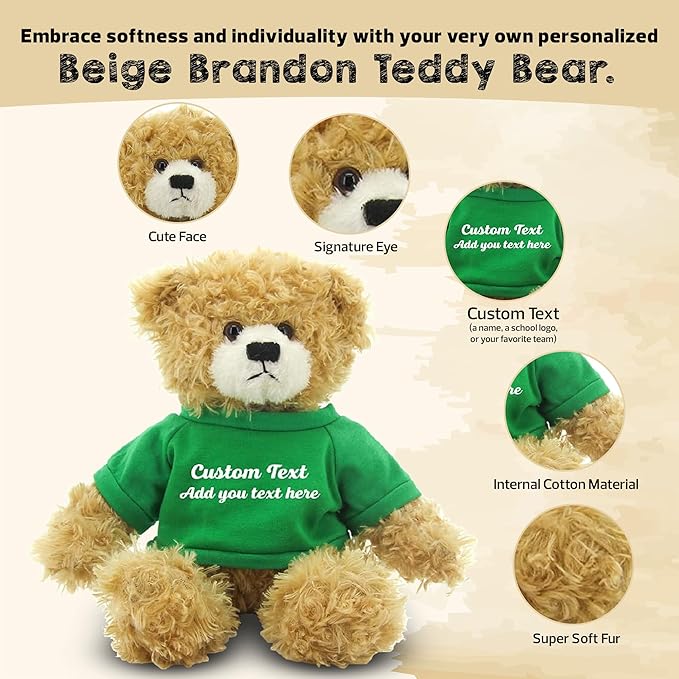 Customized Beige Brandon Bear - 12 inch Personalized Stuffed Bear Plush Toy - Perfect Custom Shirt Bear Gift for Graduation Valentines Graduation Easter Holidays (Kelly Greeen Shirt)