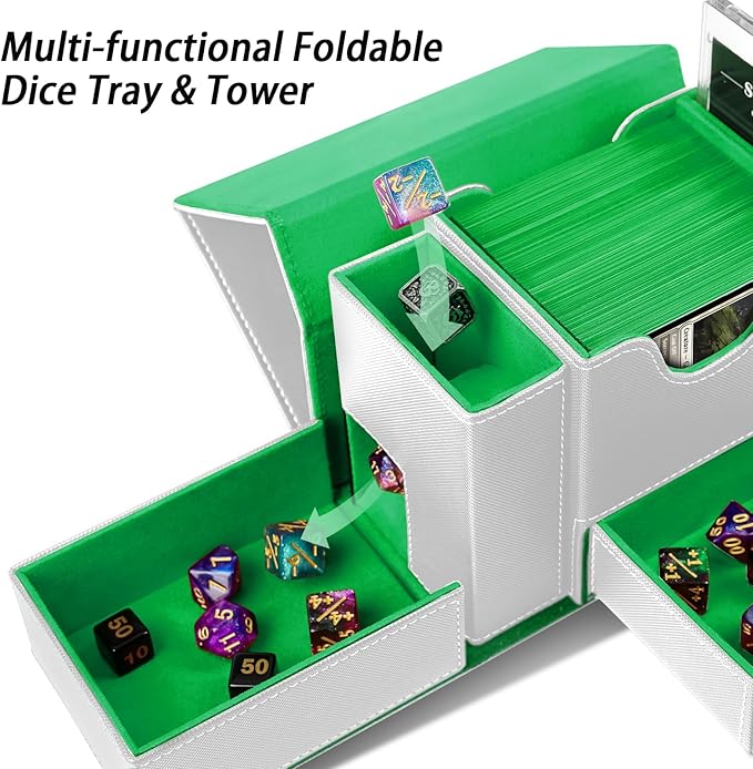 MTG Deck Box for Commander Display with Dice Tower, Fits 100 Double Sleeved Cards for TCG/PTCG, Cards Storage Case with Dice Tray and 35PT Magnetic Card Holder (White/Green)