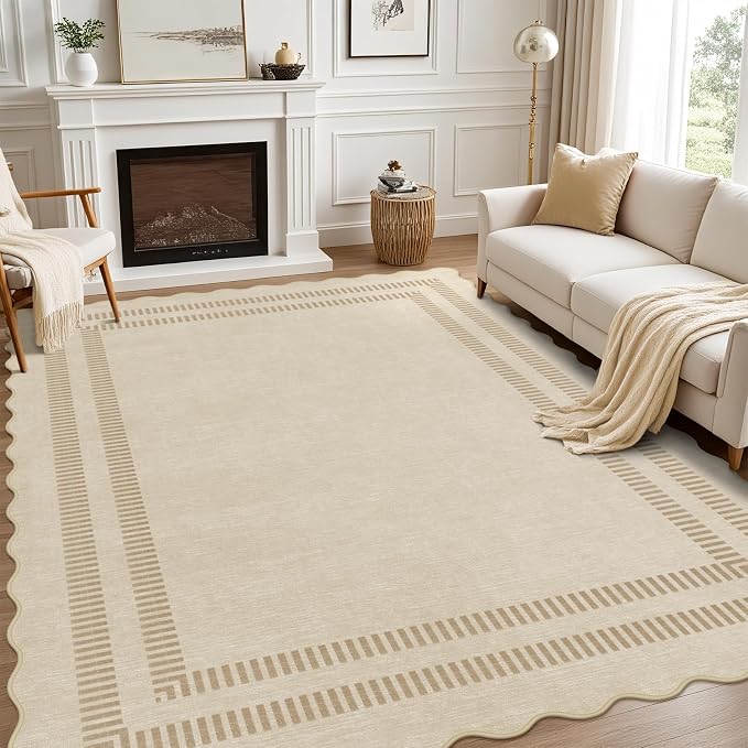 8x10 Area Rugs, Scalloped Grey Modern Living Room Rug, Solid Khaki Machine Washable Rug Non-Slip, Soft Lightweight Carpet for Bedroom Playroom Dining Room