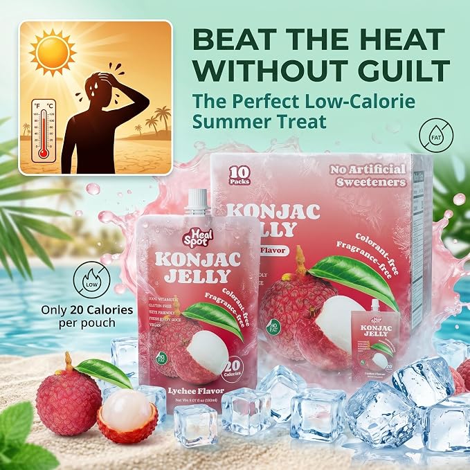 Healspot Real Fruit Juice Snacks Konjac Jelly with Collagen Peptides and Vitamin C, No Artificial Sweetener, Low Calories|Gluten Free|Keto Friendly, Healthy Korean Snacks 10 Pouches Lychee Flavor