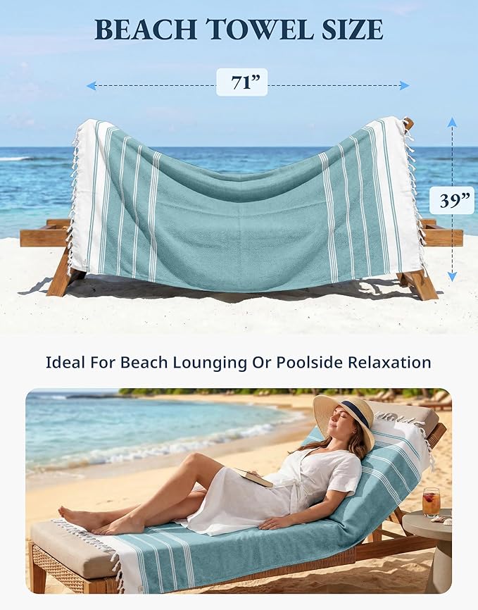 LANE LINEN Turkish Beach Towels, 2 Pack Extra Large Beach Towel, Pre-Washed for Soft Feel, Oversized Sand Free Quick-Dry Pool Towel, Beach Towels for Adults, 39"x71" - Baltic