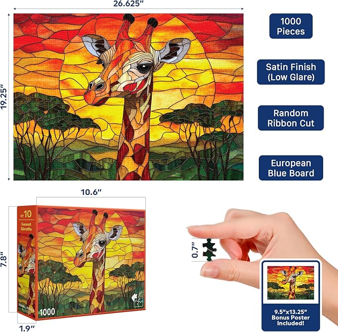Sunset Giraffe #10 – 1000 Piece Jigsaw Puzzle for Adults | Premium European Blue Board | Satin Low-Glare Finish | Ribbon Cut | Bonus Poster | Display-Worthy Box | Printed in USA | Final Piece Puzzles