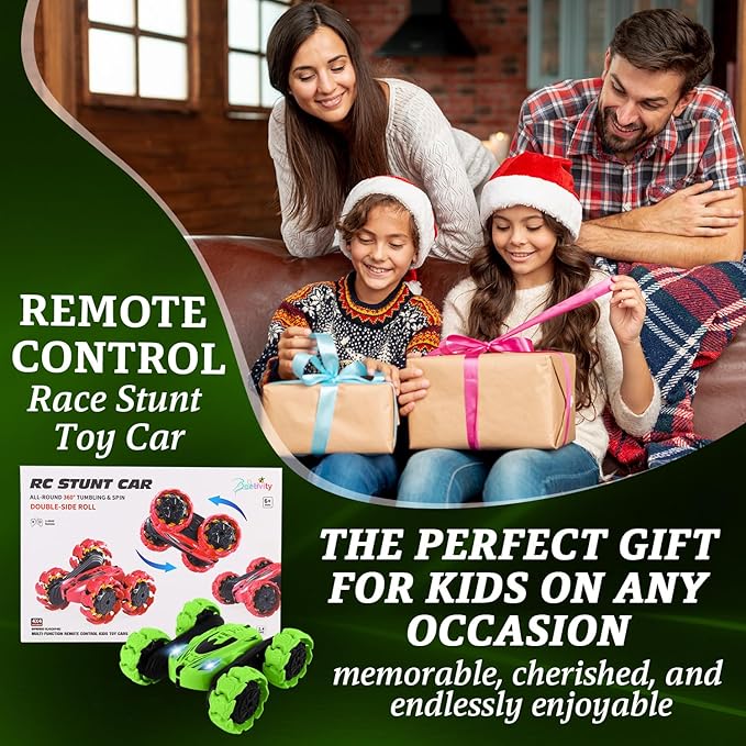 Remote Control Car, New Upgraded Double-Sided 360° Rotating RC Toy Cars with LED Headlights, 2.4GHz Rechargeable Electric Race Stunt Car with 4WD, Best Gift for 6-12 Year Old Boys and Girls (Green)