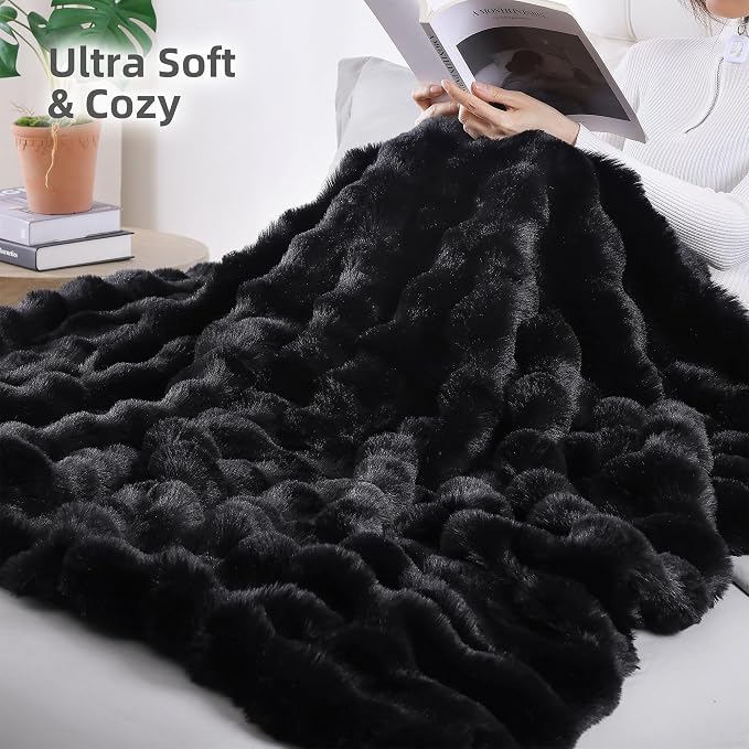 Faux Rabbit Fur Throw for Couch - Black Bubble Blanket 60"x80" | Fluffy Plush Fuzzy Throw for Sofa & Bed, Super Soft Cozy Comfrt Blanket, Luxury Aesthetic Black Decor Gift for Women