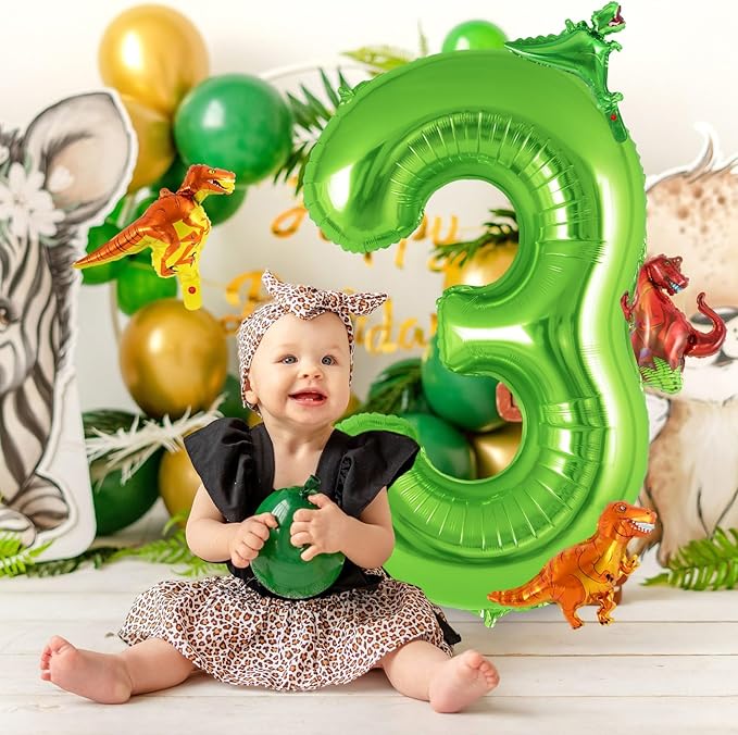 Dinosaur Green Number 3 Balloon, 40 Inch Big Large Foil Helium Green Number Balloon with 4 Pcs Mini Dinosuar, Dinosuar Mylar Balloons Set for 3 Year Old Birthday Party Decorations Supplies