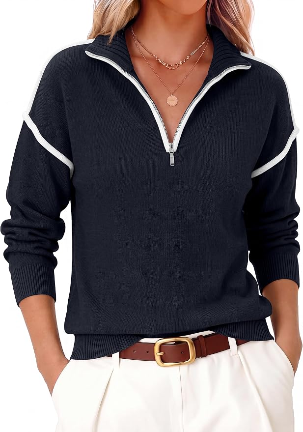 ANRABESS Womens Quarter Zip Sweaters Fall Long Sleeve V Neck Shirts Collared Business Casual Tops Knit Pullover Sweatshirts