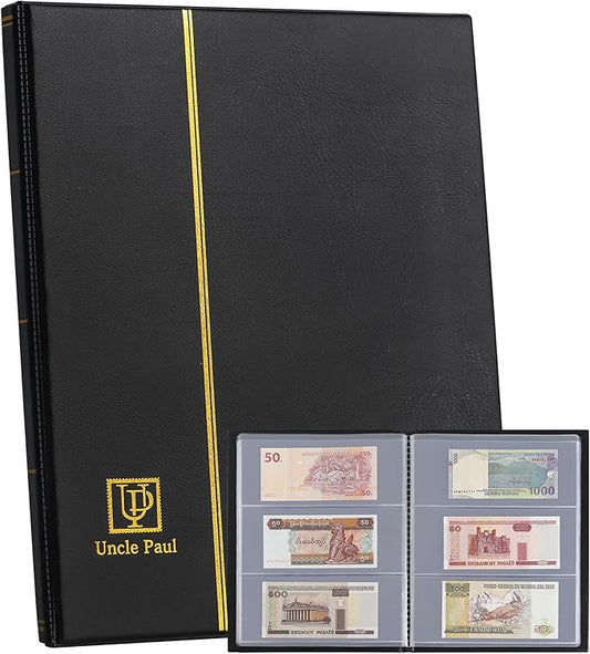 60 Pockets Currency Album - Banknotes Collecting Holder Leatherette Hard Cover Storage Book with Protective Case for Paper Folding Money Dollars Bills Trading Cards Stamps Collection AN01BK