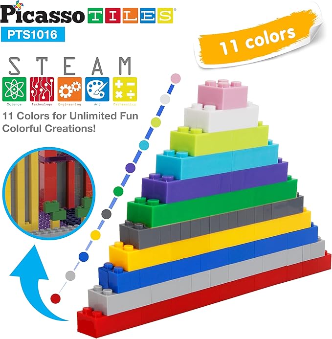 PicassoTiles 1016pcs Magnetic Tile & Building Brick Combo Construction STEM Toy Magnet Tiles for Creative Play Educational Toys for 3+ Large Bricks for Toddlers Compatible with Major Brands PTS1016