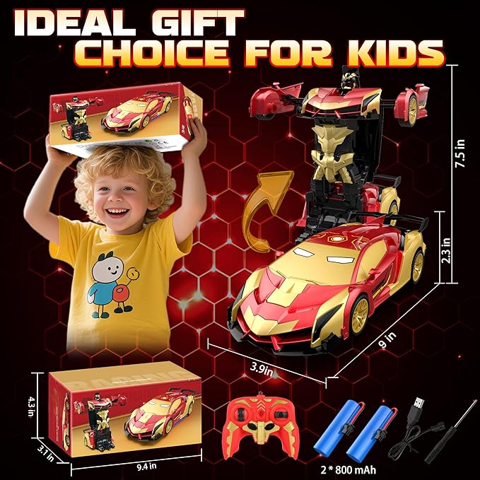 Transform RC Iron Man Cars Robot Toys with Underbody Lights, 2.4GHz Hero Remote Control Car One-Button Deformation, 360°Rotation Robot Car Toys Christmas Birthday Gifts for Kids Age 4 -12(1:18 Scale)