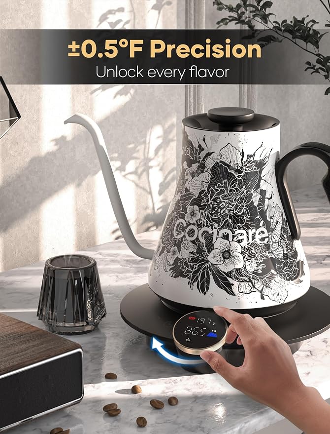 Cocinare Gooseneck Electric Kettle, ±0.5°F Precise Temperature Control, 1500W Fast Heating, Pour-Over Coffee & Tea, Stainless Steel, 0.9L (Artisan Blossom Design)