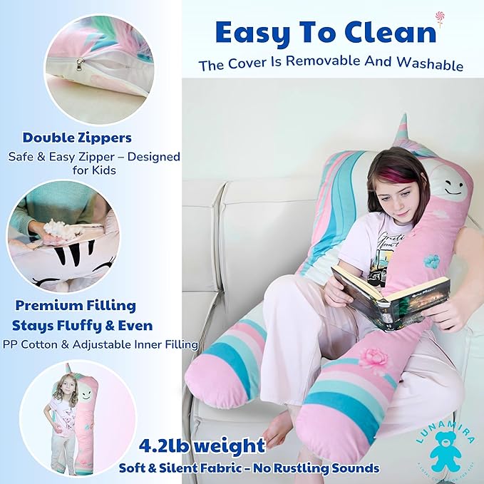LUNAMIRA Unicorn Kids Body Pillow - 47" U-Shape Long Plush Soft Animal Pillow for Toddlers, Sleeping, Reading, ADHD & Special Needs Comfort, Anxiety, Washable Cover, Snuggle Cuddle for Boys & Girls