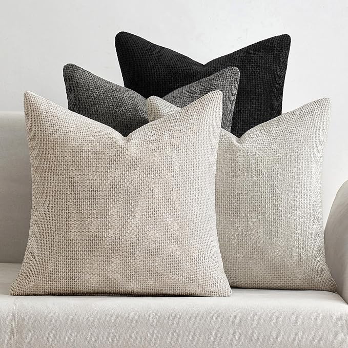 MIULEE Soft Decorative Chenille Pillow Covers Cream Grey 16x16 Pack of 4 | Modern Home Decor, Classic Neutral Set, Couch Throw Pillows, Farmhouse Boho Cushion Covers for Sofa Bed Living Room