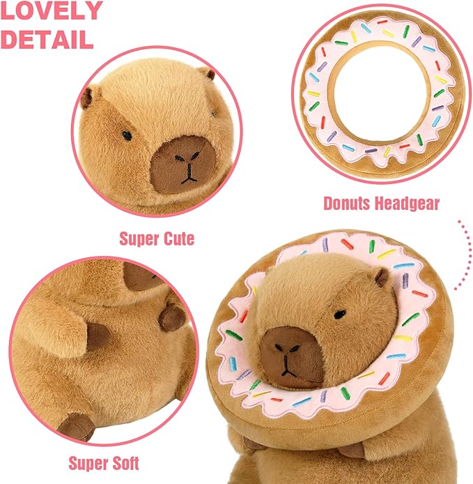 Ditucu Cute Capybara Plush Pillow with Wearable Donut Headgear Stuffed Animal Food Capibara Plushies Toys Gifts for Kids Brown 11 inch