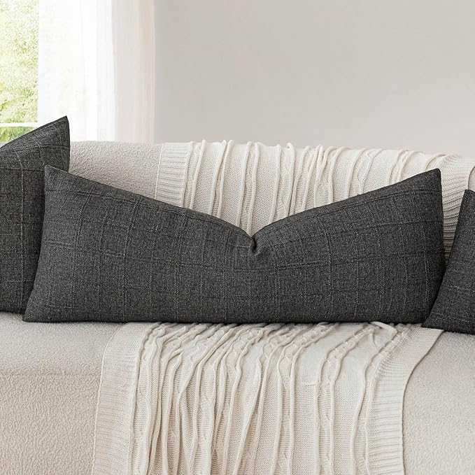 Foindtower Set of 2 Decorative Linen Check Throw Pillow Covers Neutral Long Body Lumbar Cushion Covers Farmhouse Vintage Home Decor for Sofa Chair Couch Bedroom Living Room,14×36 Inch,Charcoal