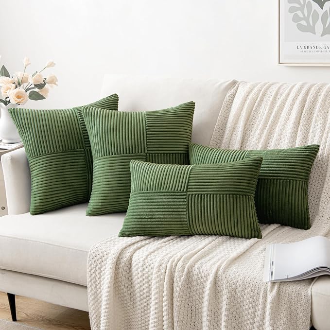 MIULEE Moss Green Decorative Throw Pillow Covers for Couch 16x16 Inch | 2 Pack, Boho Farmhouse Pillow Covers, Soft Cross Corduroy Patchwork Textured Cushion Cases For Bed Sofa