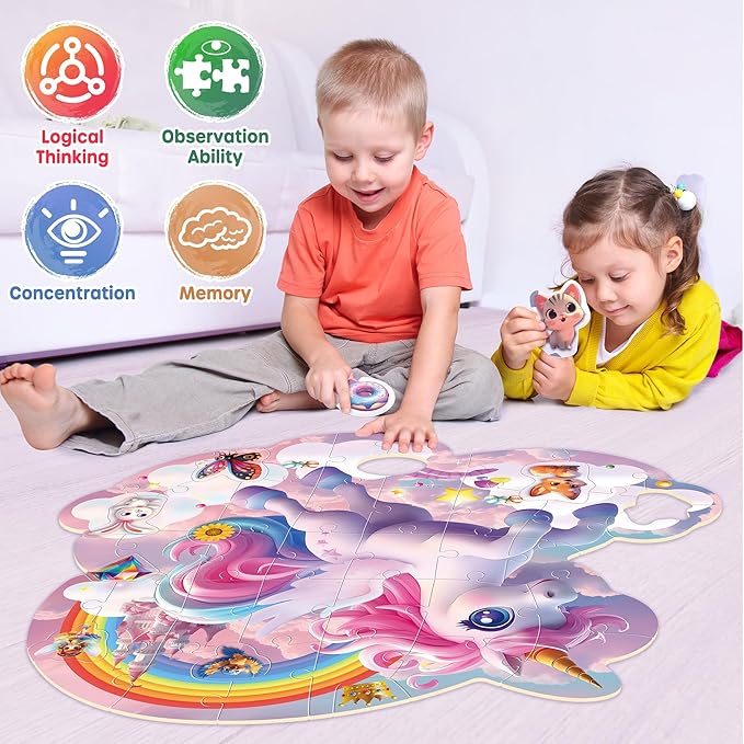 SYNARRY Unicorn Floor Puzzles for Kids Ages 4-6, Large 45 Piece Floor Puzzles for Kids Ages 4-8, Puzzles for Toddlers 3-5, Unicorn Toys Gifts, Easter Basket Stuffers Valentines Day Gifts for Kids