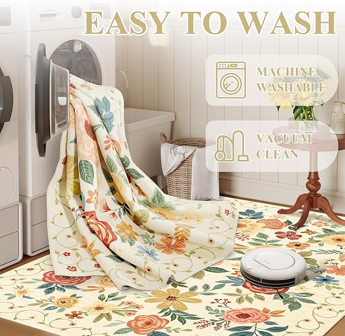DUKINO 6x9 Area Rugs, Floral Washable Rug for Bedroom Non Slip Beige Yellow | Soft, Low Pile, Large Indoor Rug for Living Room, Dining Room, Kids Room, Office, Pet Friendly, Home Decor, Stain Resistant
