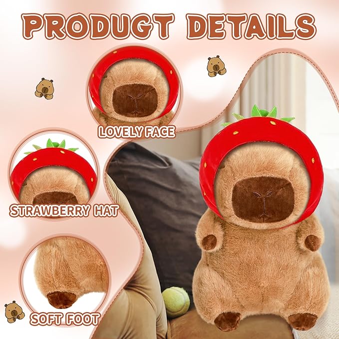 Capybara Plush 11.8 inch with Strawberry Hat Soft Capybara Stuffed Animals Capybara Hugging Gifts Capybara Doll Pillow for Kids Girls Toys (Strawberry Capybara Brown 11.8 inch)
