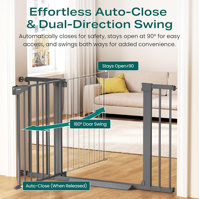 Cumbor 30-46" Baby Gate for Stairs, Auto-Close Dog Gate Indoor, Mom's Choice Awards Winner-Easy Install Pressure Mounted Pet Gates for Doorways, Dual Lock Safety Proofing for Babies & Pets, Cool Gray