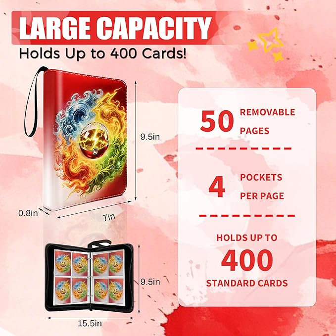 4 Pocket Trading Card Binder with 50 Removable Pages, Holds 400 Standard Cards, Secure Zipper Closure & PU Leather Cover for Collectible Games, Sports,TCG