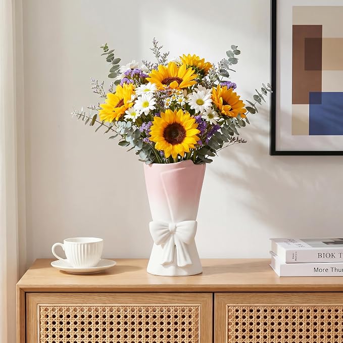 Relexome Pink White Ceramic Bow Vase 9.64 in Unique Cute Modern Decorative Bouquet Flower Vases for Home Living Room Table Decor