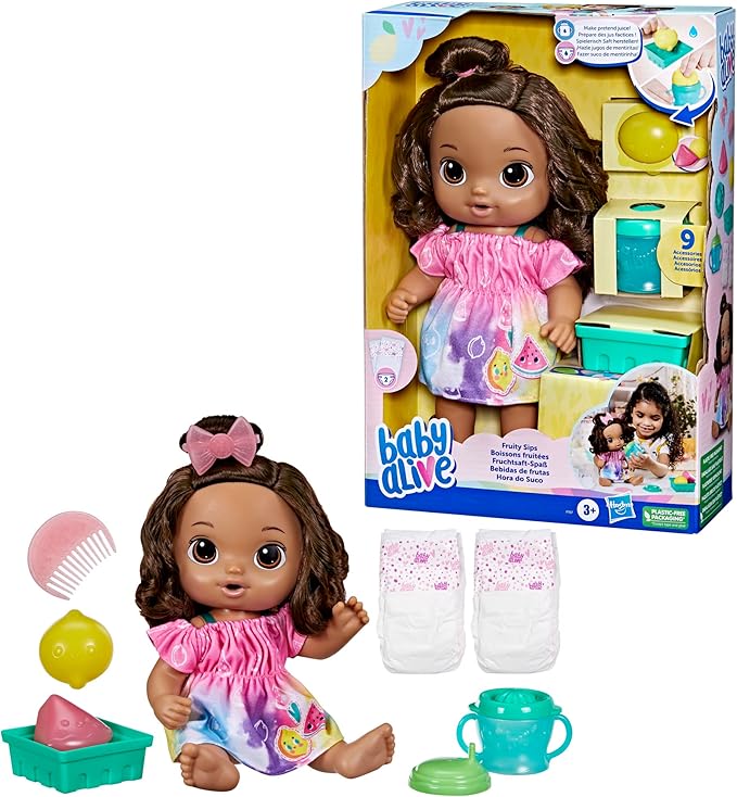 Baby Alive Fruity Sips Doll, Lemon, Toys for 3 Year Old Girls, 12-inch Baby Doll Set, Drinks & Wets, Pretend Juicer, Kids 3 and Up, Brown Hair