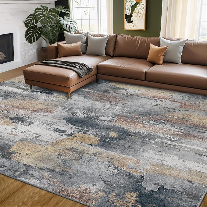 RELEANY Washable 5'x7' Abstract Area Rug for Living Room Ash Brown | carpet for bedroom, kitchen, office, hallway and entryway, printed pattern, non-slip, soft, stain-resistant, easy to clean