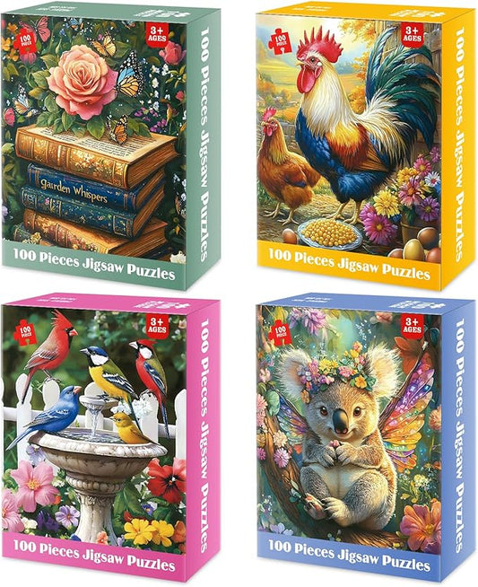 4 Packs 100 Piece Jigsaw Puzzles for Adults - Vintage Puzzles – Large Pieces Puzzle for Seniors Easy Beginner Kids Puzzle 8-10 Gifts for Girls Boys – 11" x 15" Each