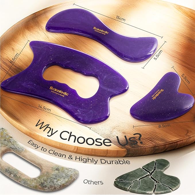 Scienlodic 3 Pcs Gua Sha Massage Tools for Face & Body (Purple, Resin) - Scraping Tools for Back, Legs & Muscle Relaxation, Guasha Facial Tool for Jawline Contouring & Puffiness Reduction