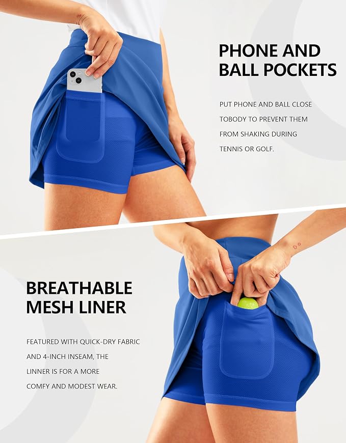 16" Golf Skirt with 2 Zipper Pockets | Tee Holder, Mesh Shorts, High Waisted, Casual, Pickleball, Athletic, Tennis, Skorts for Women