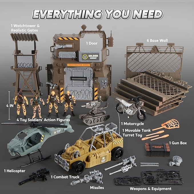 JOYIN Military Base Toys Set Including Army Vehicles, Army Men Action Figures and Weapon Gear Accessories Military Combat Toys