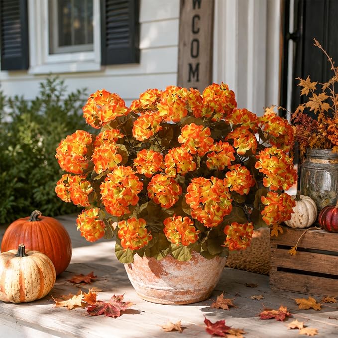 Fake Geraniums Artificial Flowers for Outdoors Autumn Decoration, 6 Bundles Silk Geraniums Look Real Faux Fall Flowers Plants for Front Door Garden Planter Patio Balcony Yard Home Indoor, OrangeYellow