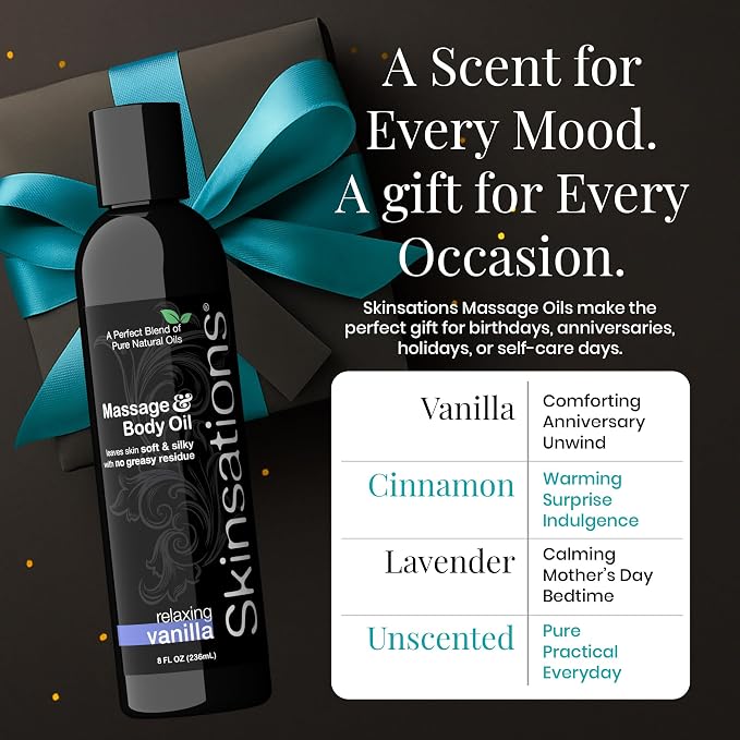 Skinsations – Vanilla Massage Oil for Couples – Relaxing Aromatherapy Body Oil for Massage Therapy – Sweet Almond, Coconut, Jojoba & Grapeseed Blend - 8oz