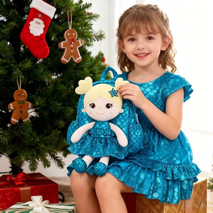 Lazada Toddler Backpack - Baby Girl Gifts Plush Doll Dress Backpack - Fashion Girls Tina Fish Scale Series - Blue 11Inches