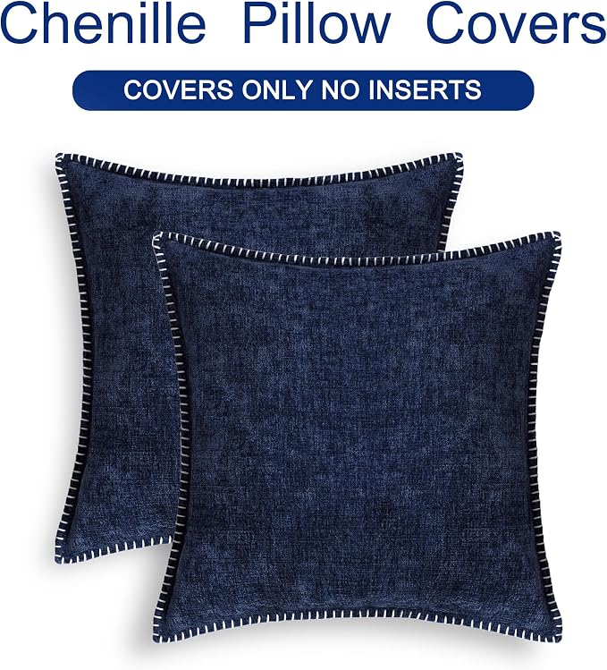 CaliTime Decorative Couch Throw Pillow Covers 18 X 18 Inches Navy Blue | Pack of 2, Cozy Chenille Cushion Cases, Cotton Thread Stitching Edges, for Sofa Bed Living Room Farmhouse