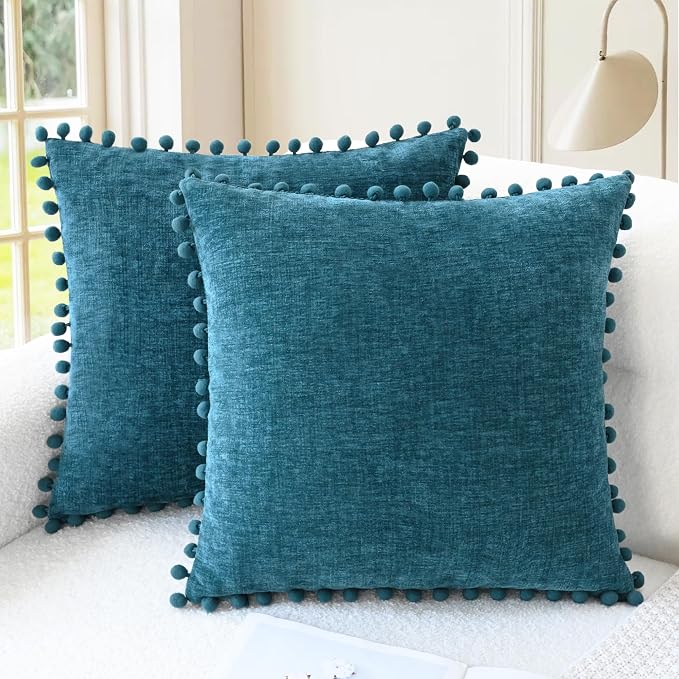 CaliTime Decorative Couch Throw Pillow Covers 22 X 22 Inches Ocean Blue | Pack of 2, Cozy Chenille Cushion Cases, with Pom Poms for Sofa Bed Living Room Farmhouse Home